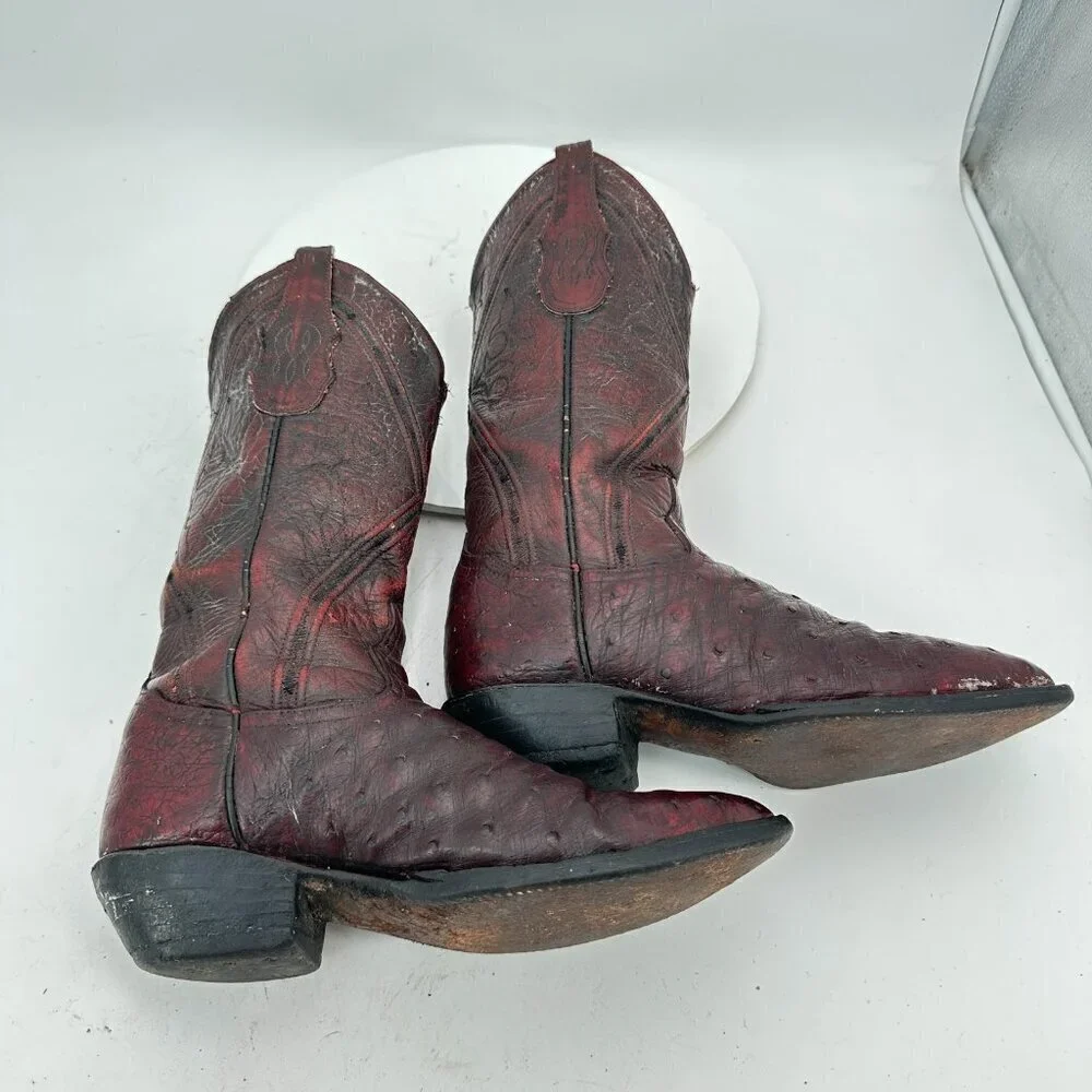 Tony Lama Men Size 7D Burgundy Full Quill Ostrich Leather Pull On Western Boot